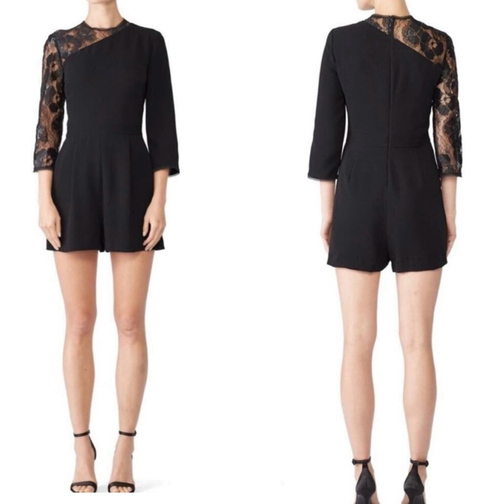 Shoshanna Marseille Romper Black Metallic Lace 3/4 Sleeve Elegant Classic Pocket